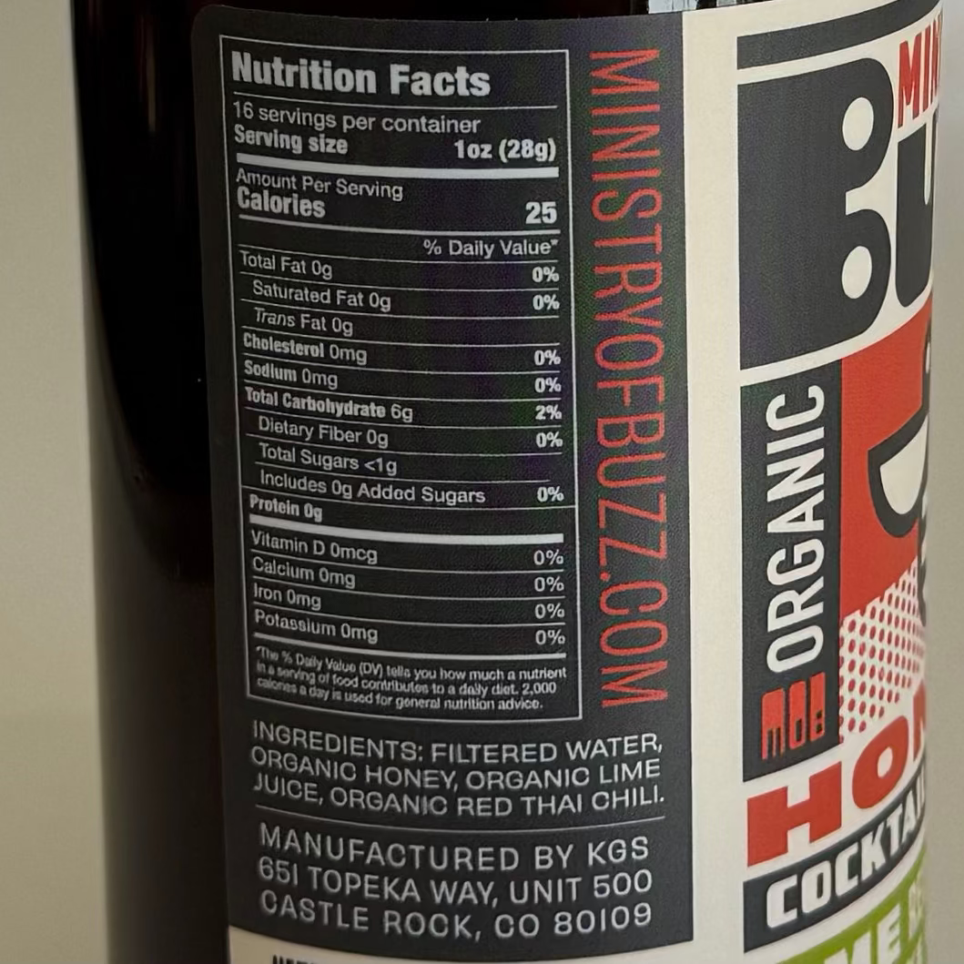 Nutrition label on a bottle of Organic Hot Cocktail with 'MinistryofBuzz.com' branding.